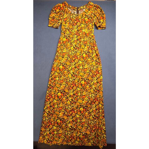 Vtg Handmade Womens Small Floral Fall Dress Floor Long Tall Prairie Boho Nature - Picture 1 of 10